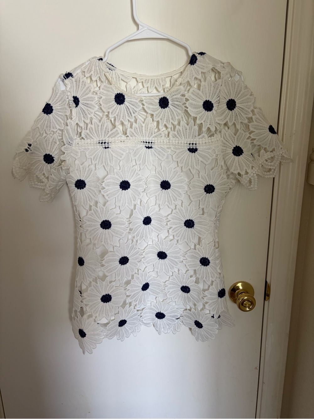 White Rafaella Crochet Floral Short-Sleeve Top with Navy Centers